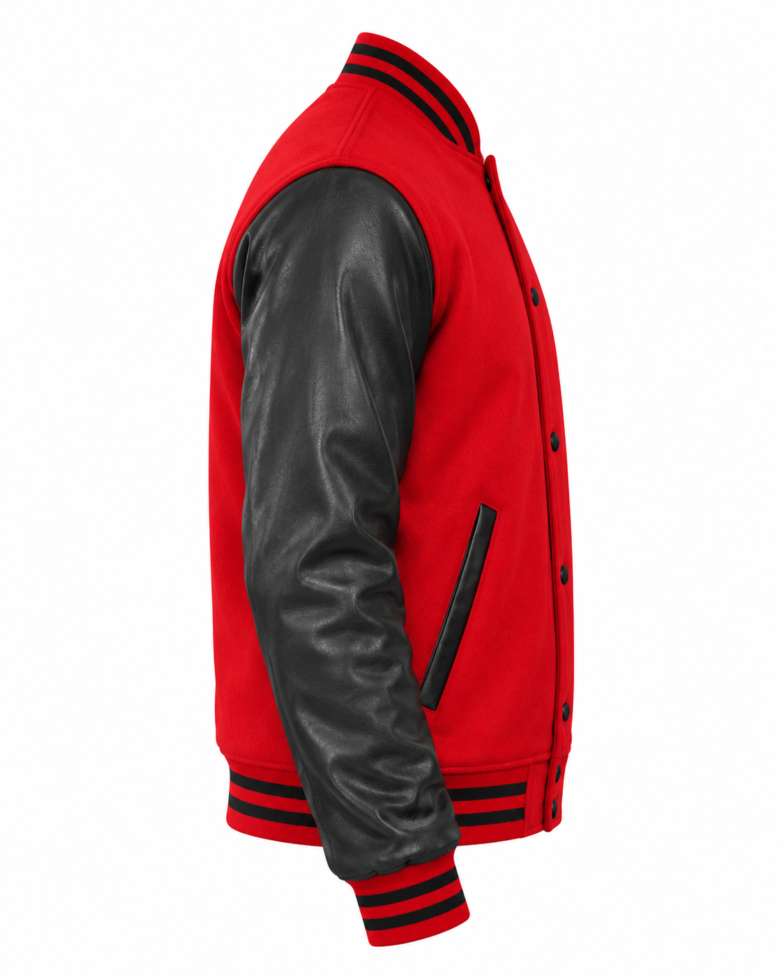 Red Wool and Black Faux Leather Sleeves Letterman Jacket Right Sleeve View