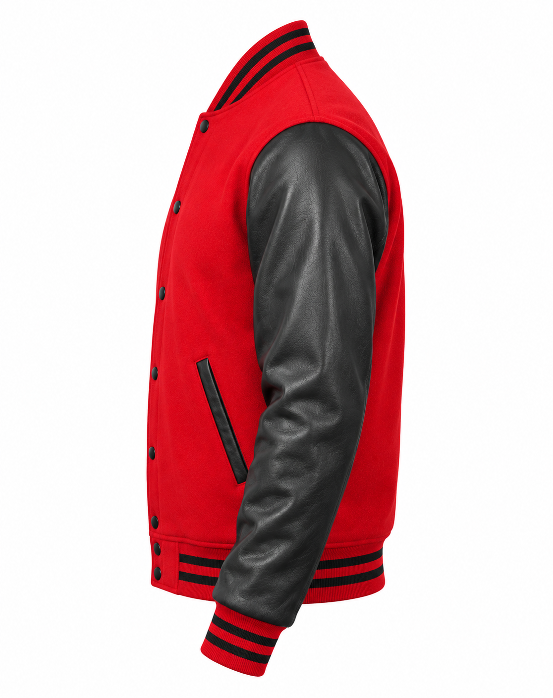 Red Wool and Black Faux Leather Sleeves Letterman Jacket Left Sleeve View