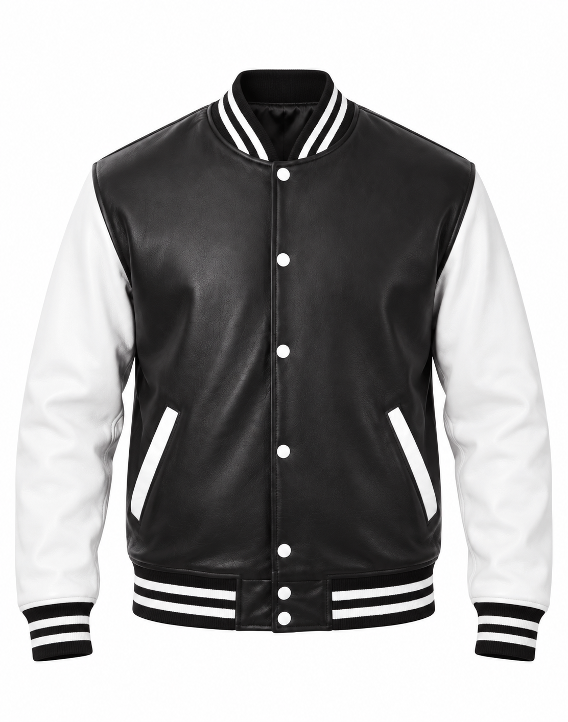 Designer Sheepskin Leather Letterman Jacket Black & White Front View