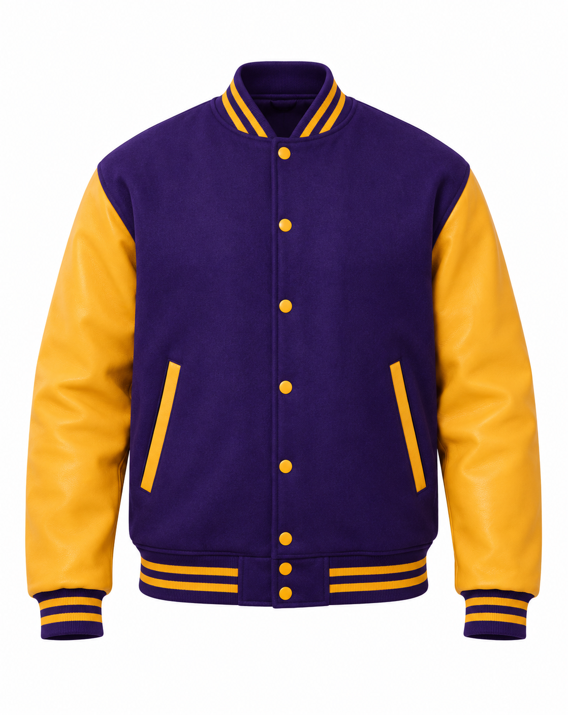 Purple Wool and Gold Leather Sleeves Letterman Jacket Front View