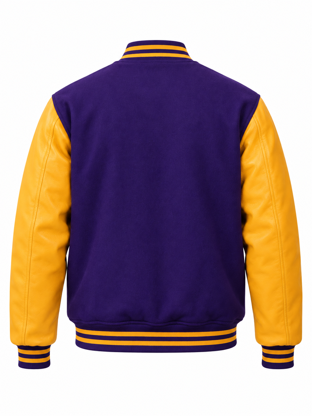 Purple Wool and Gold Leather Sleeves Letterman Jacket Back View
