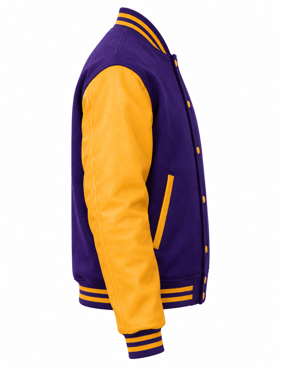 Purple Wool and Gold Leather Sleeves Letterman Jacket Right Sleeve View