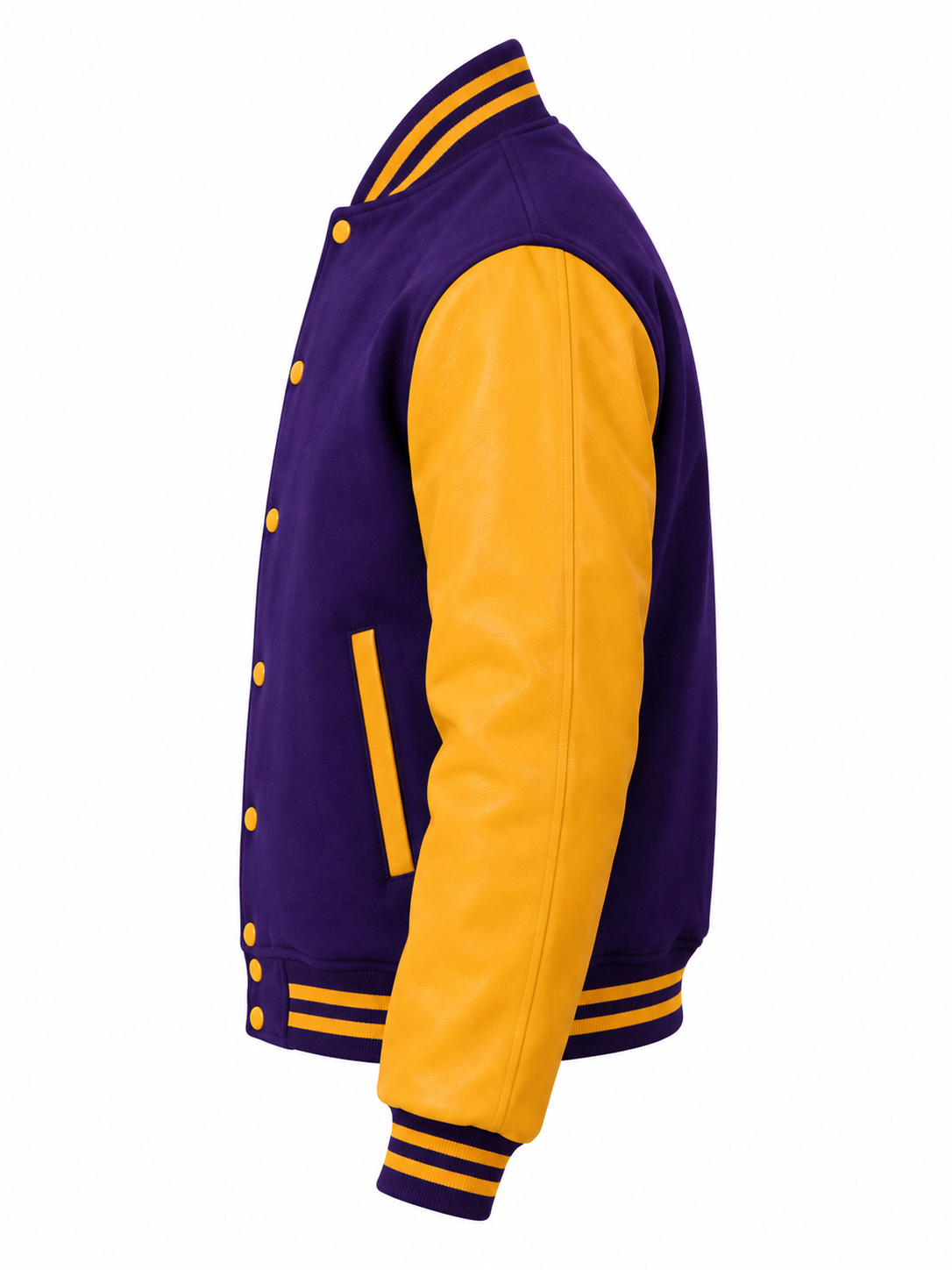 Purple Wool and Gold Leather Sleeves Letterman Jacket Left Sleeve View