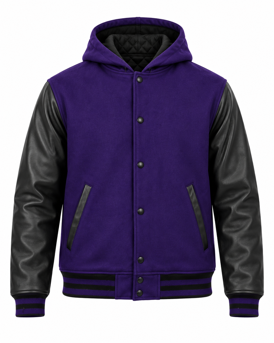 Dark Purple Wool and Black Leather Sleeves Varsity Hoodie Front View