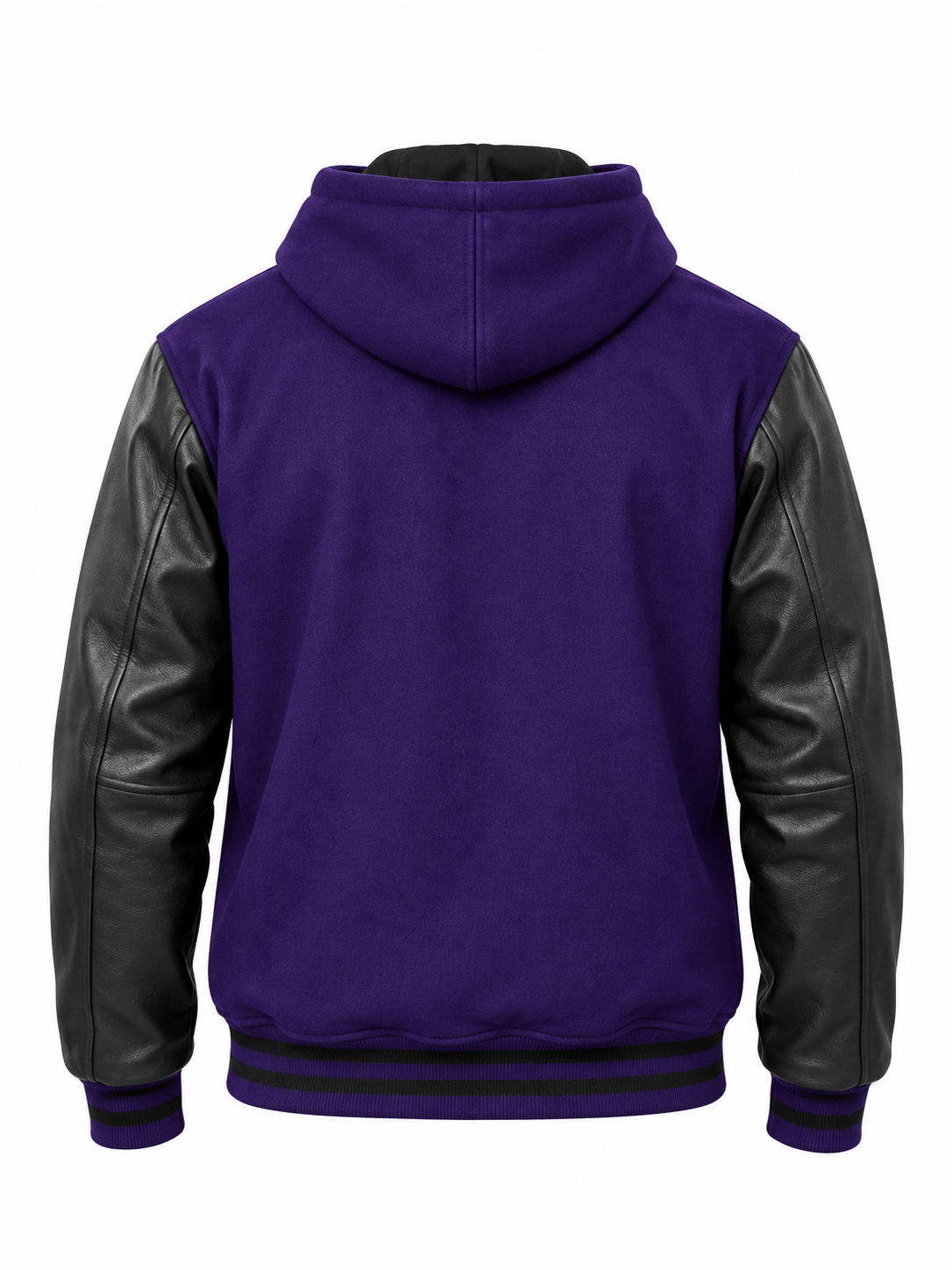 Dark Purple Wool and Black Leather Sleeves Varsity Hoodie Back View