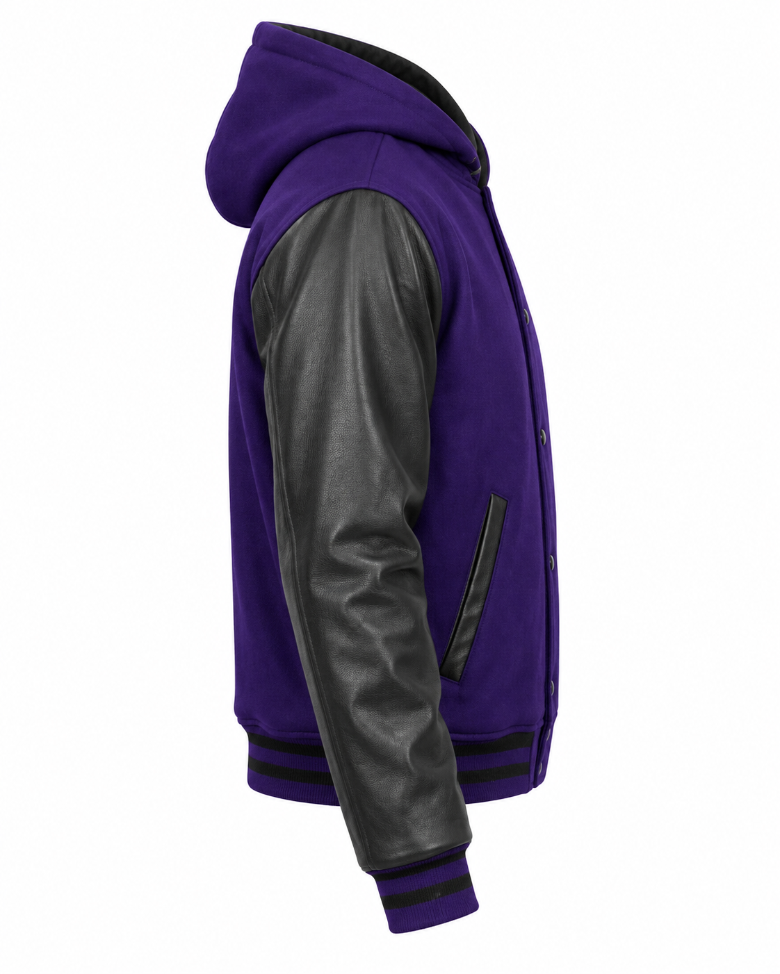 Dark Purple Wool and Black Leather Sleeves Varsity Hoodie Right Sleeve View
