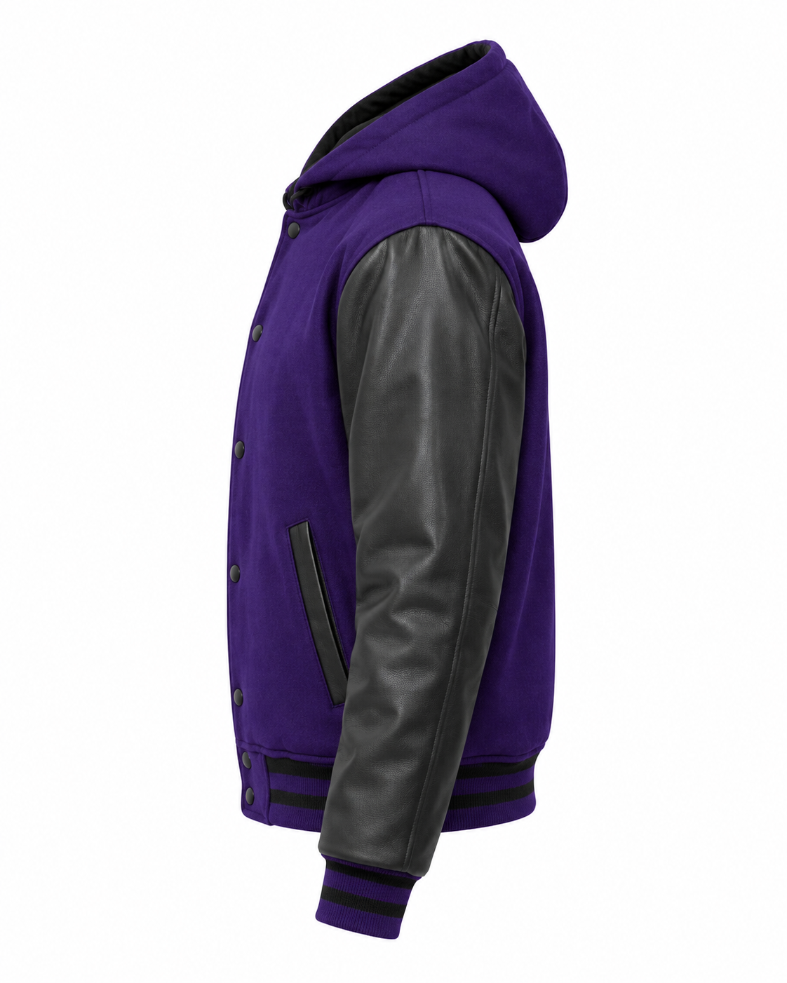 Dark Purple Wool and Black Leather Sleeves Varsity Hoodie Left Sleeve View