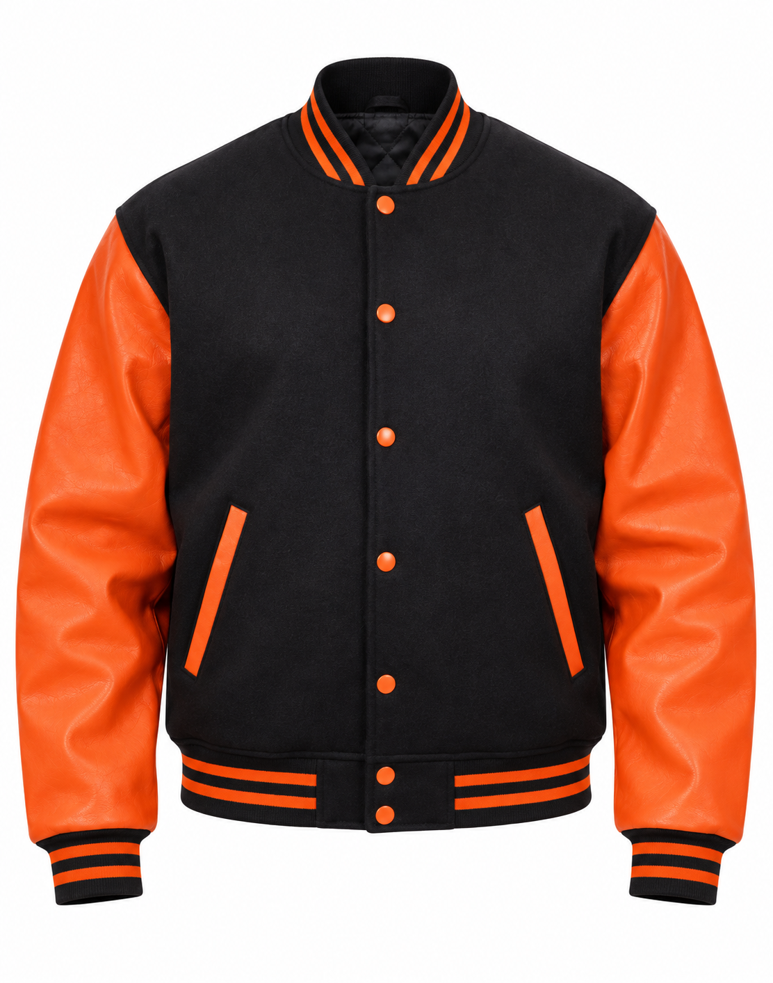 Black Wool and Pink Leather Sleeves Letterman Jacket Front View