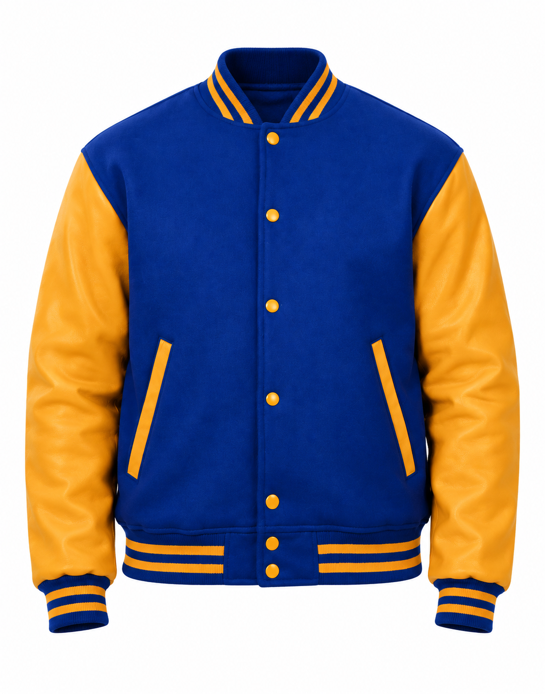Royal Blue Wool and Gold Leather Sleeves Letterman Jacket Front View