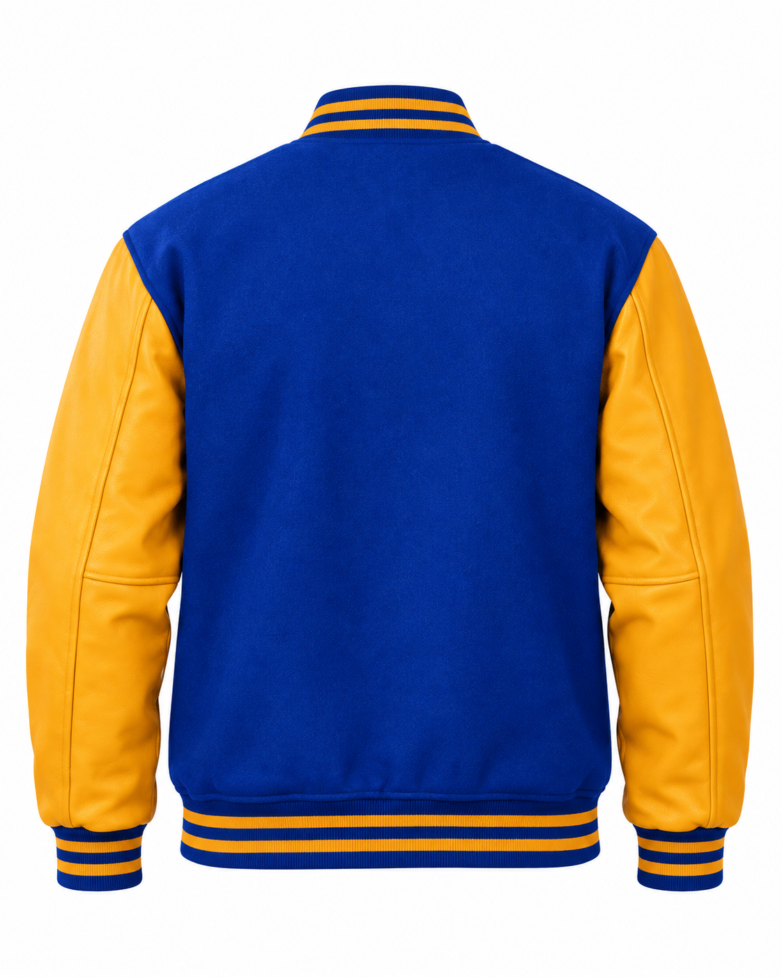 Royal Blue Wool and Gold Leather Sleeves Letterman Jacket Back View