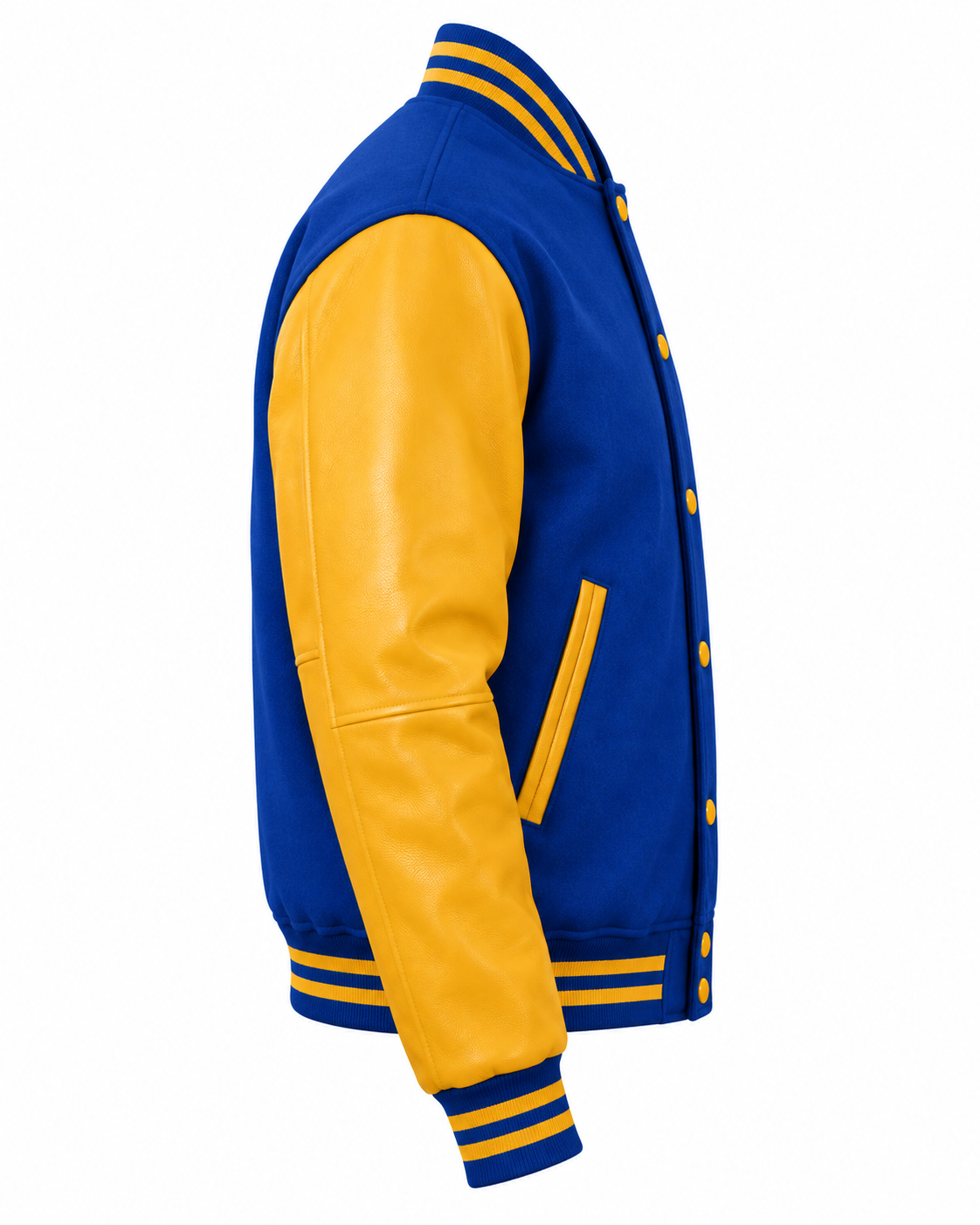 Royal Blue Wool and Gold Leather Sleeves Letterman Jacket Right Sleeve View