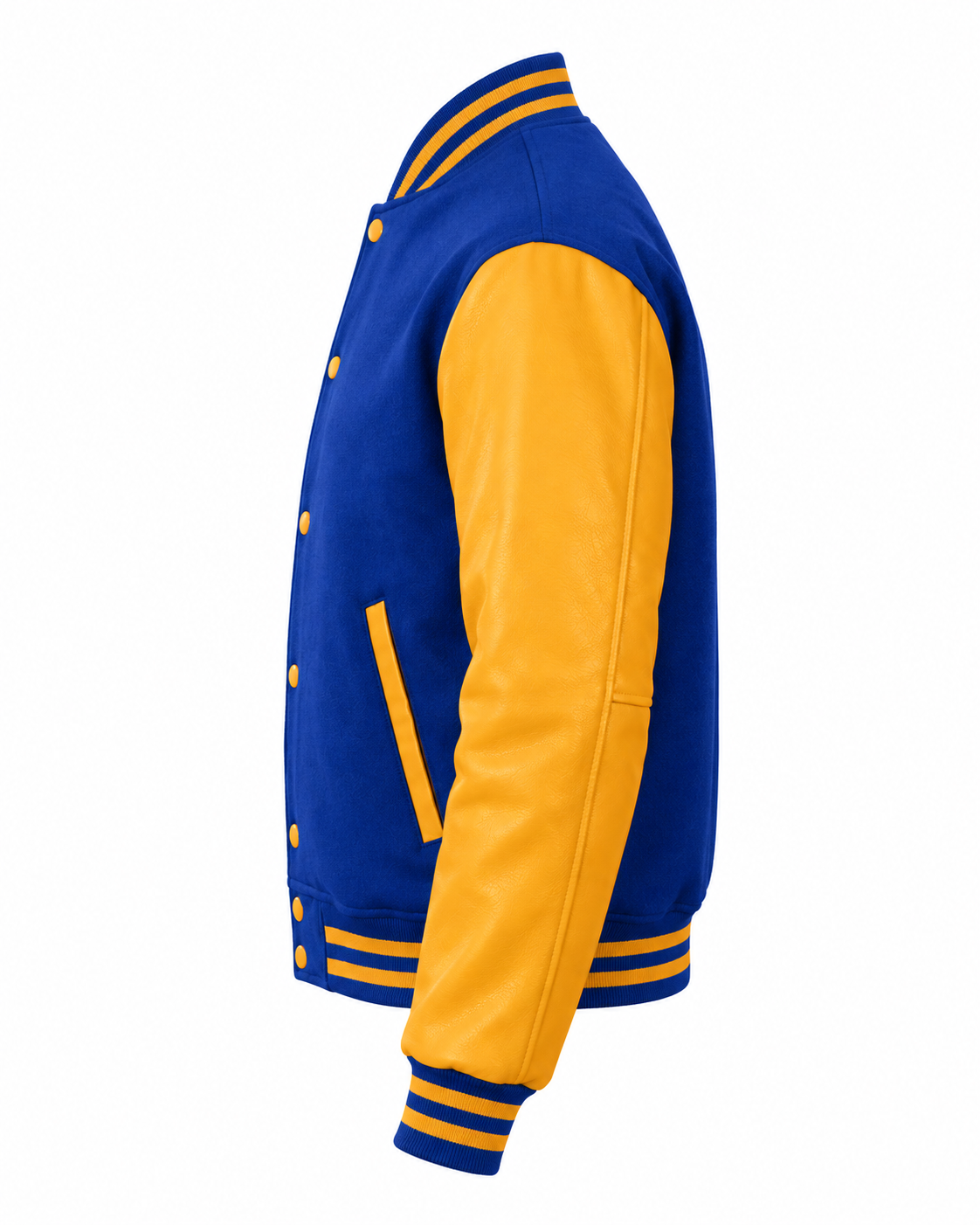 Royal Blue Wool and Gold Leather Sleeves Letterman Jacket Left Sleeve View