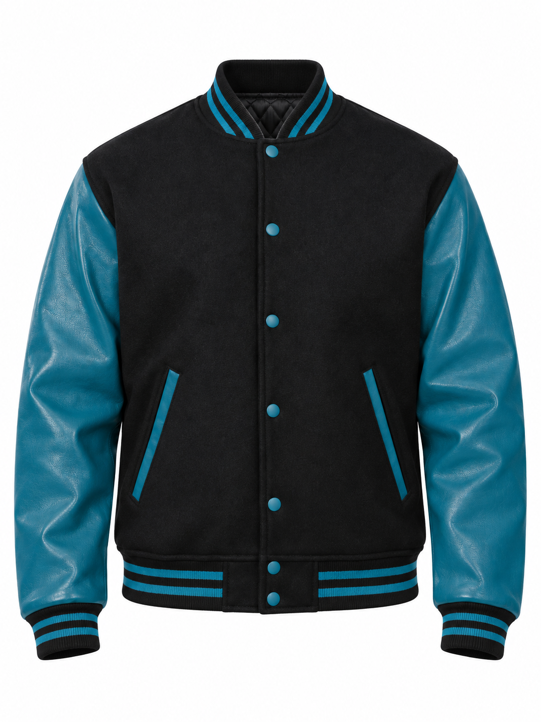Black Wool and Teal Leather Sleeves Varsity Jacket Front View