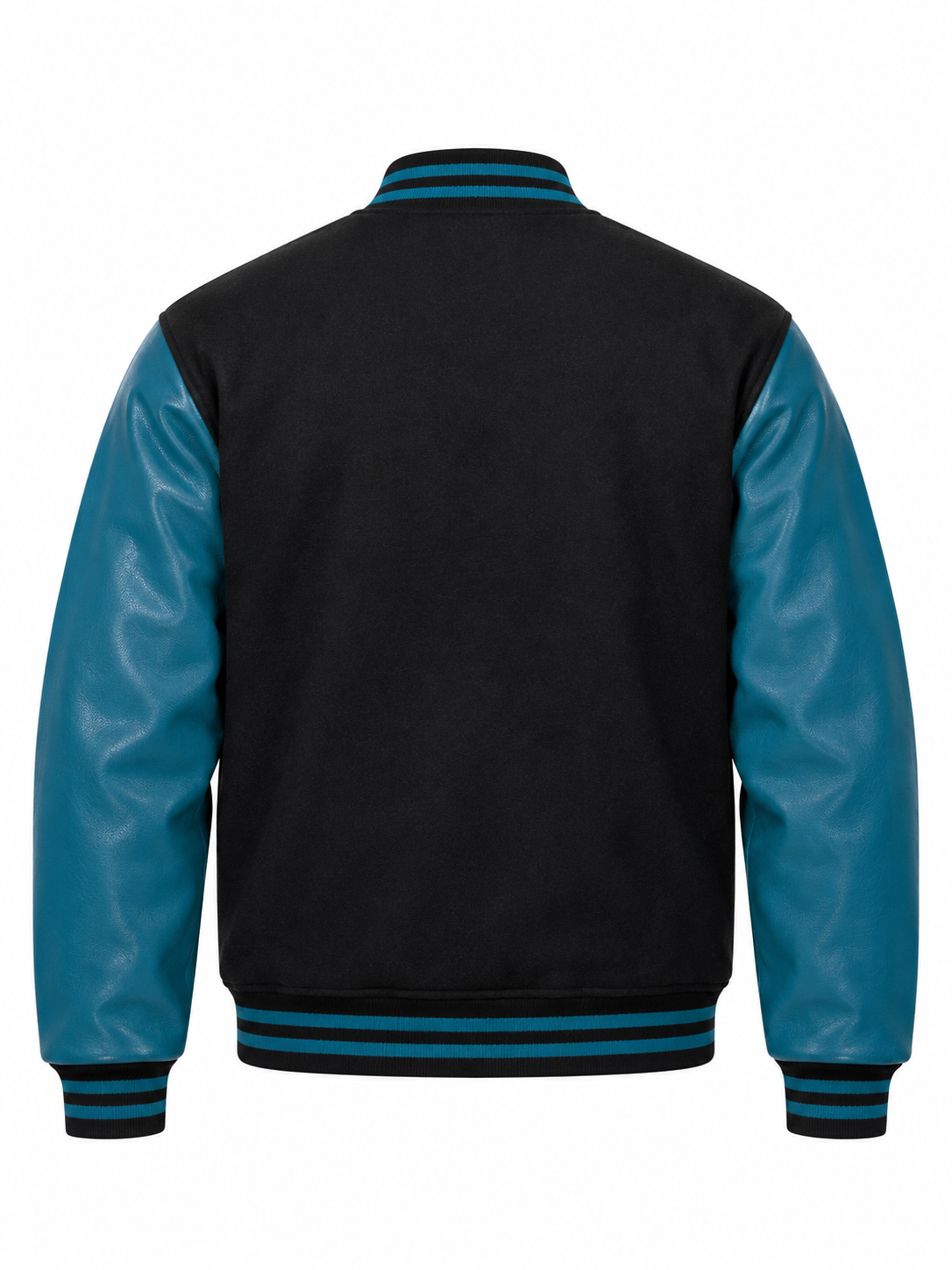 Black Wool and Teal Leather Sleeves Varsity Jacket Back View
