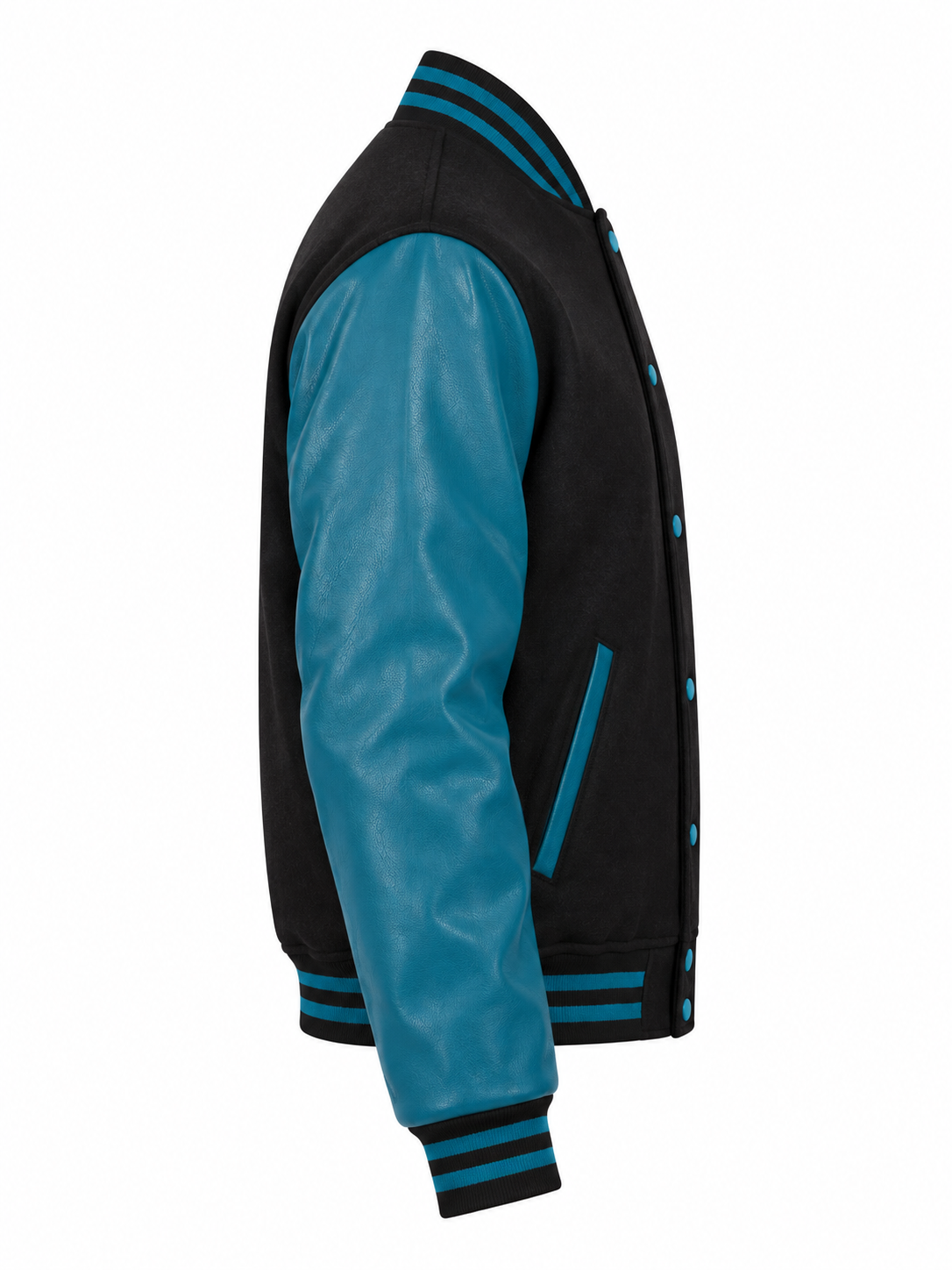 Black Wool and Teal Leather Sleeves Varsity Jacket Right Sleeve View