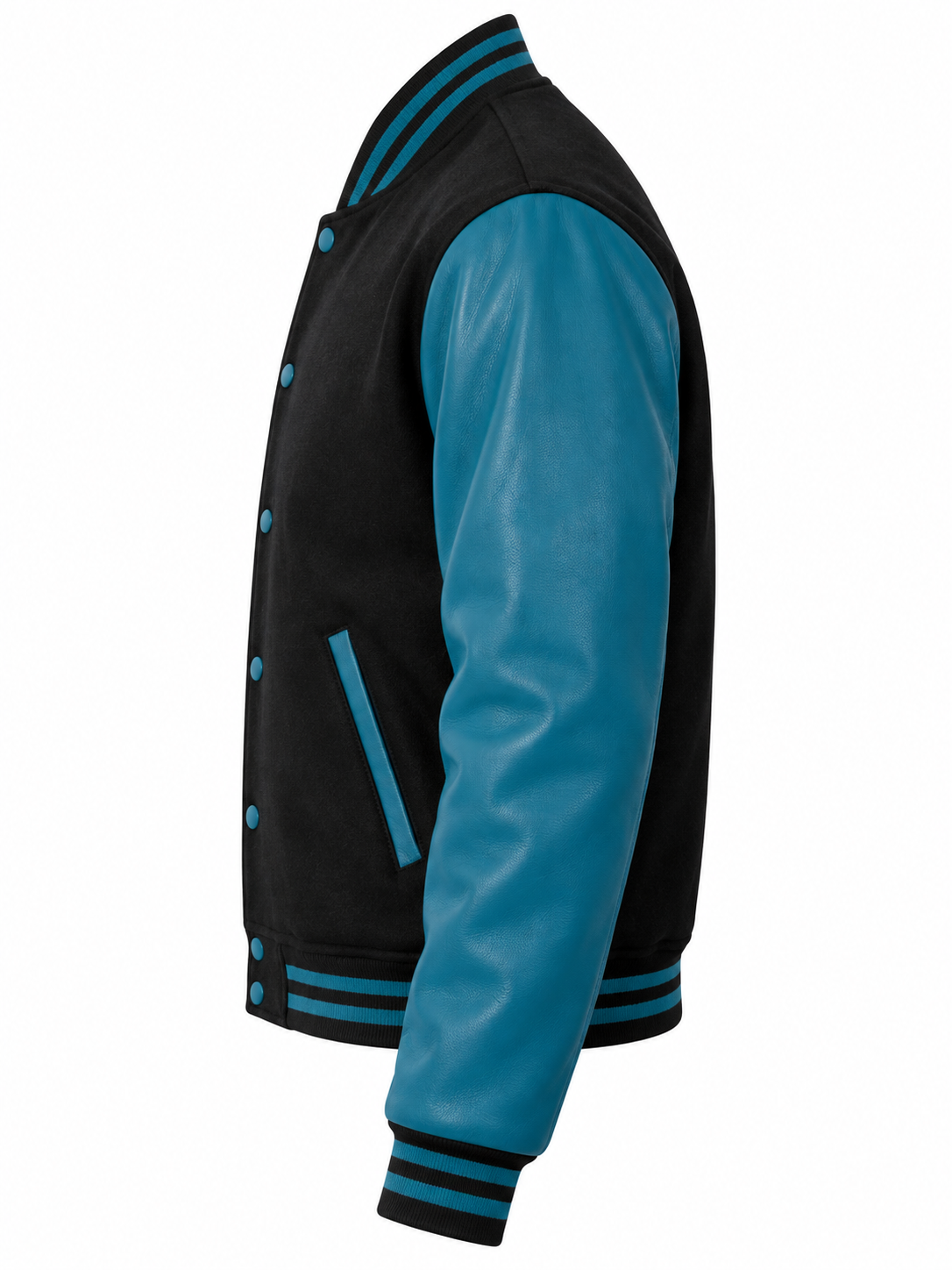 Black Wool and Teal Leather Sleeves Varsity Jacket Left Sleeve View
