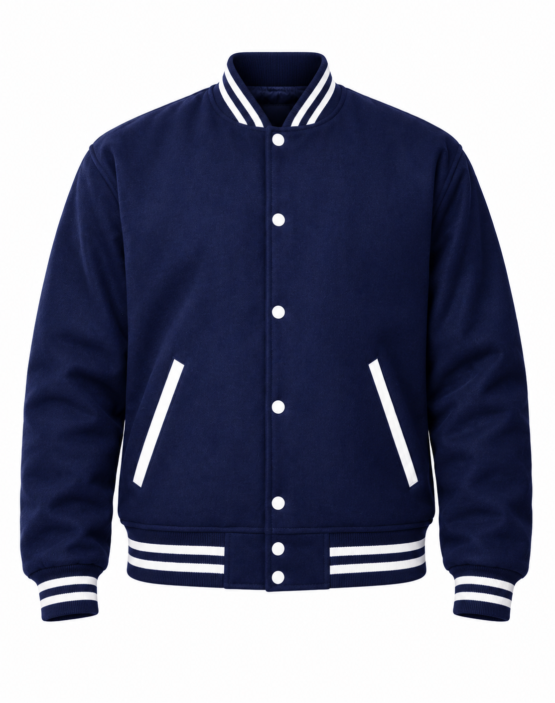Navy Blue Wool Letterman Jacket Front View