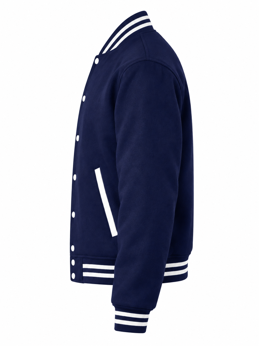 Navy Blue Wool Letterman Jacket Left Sleeve View