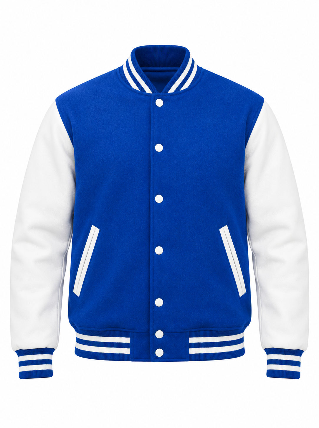 Royal Blue Wool and White Leather Sleeves Letterman Jacket Front View