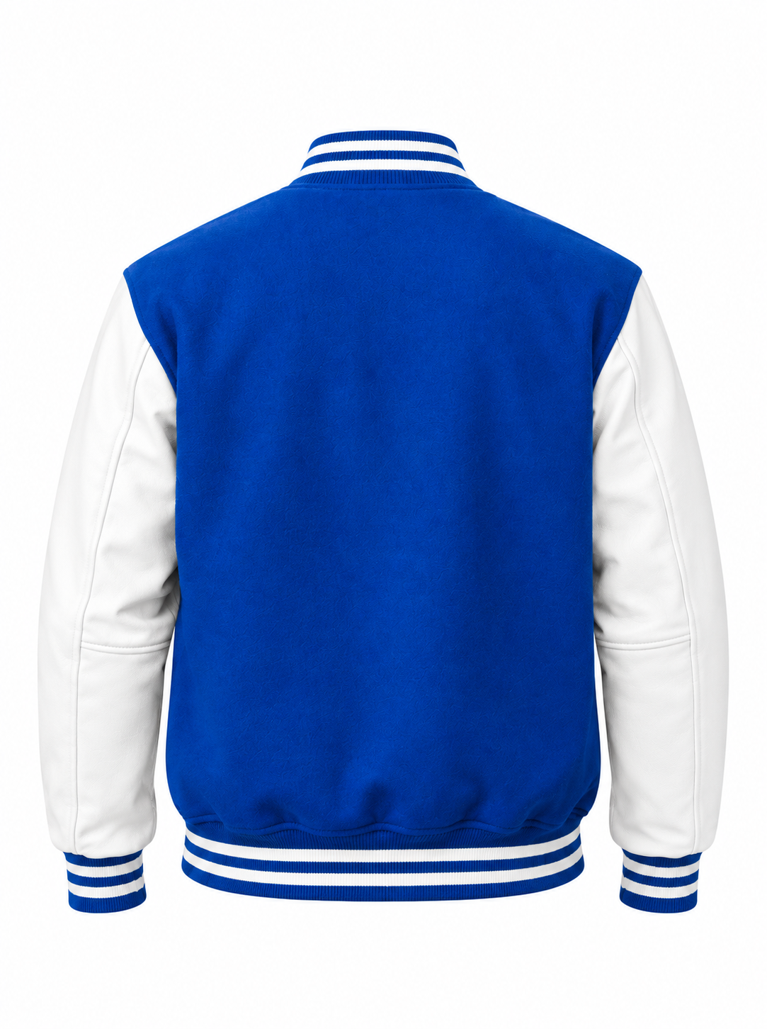 Royal Blue Wool and White Leather Sleeves Letterman Jacket Back View