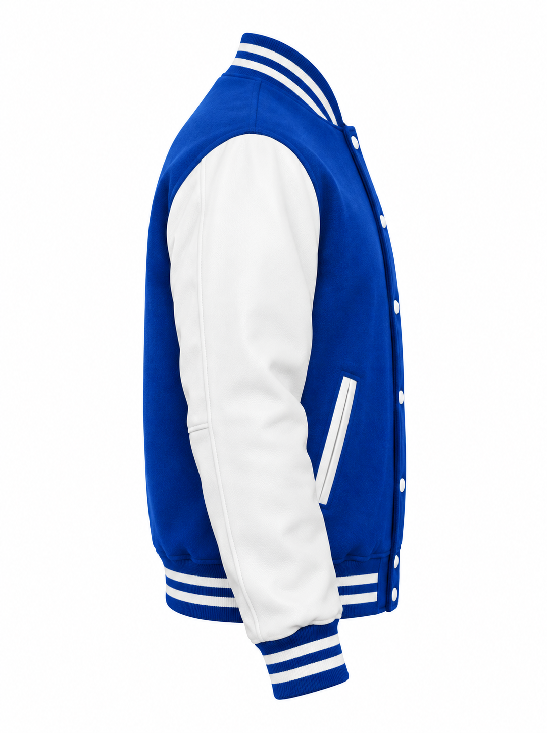 Royal Blue Wool and White Leather Sleeves Letterman Jacket Right Sleeve View