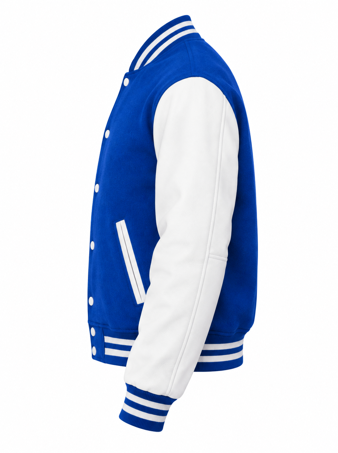 Royal Blue Wool and White Leather Sleeves Letterman Jacket Left Sleeve View