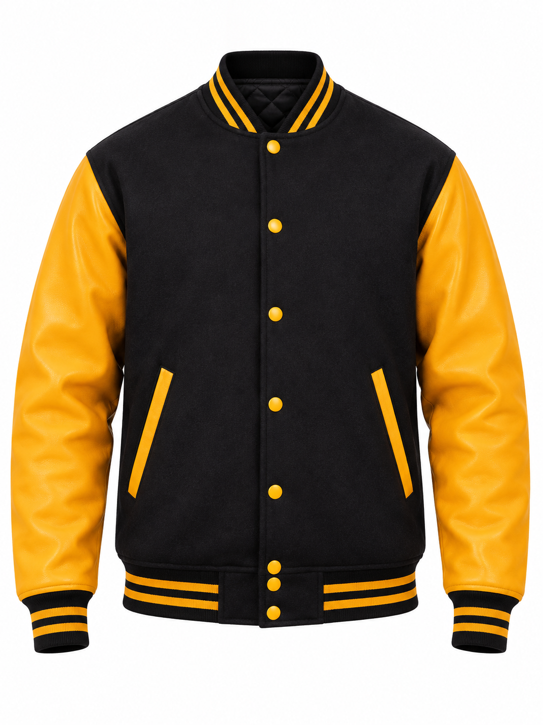 Black Wool and Gold Leather Sleeves Letterman Jacket Front View