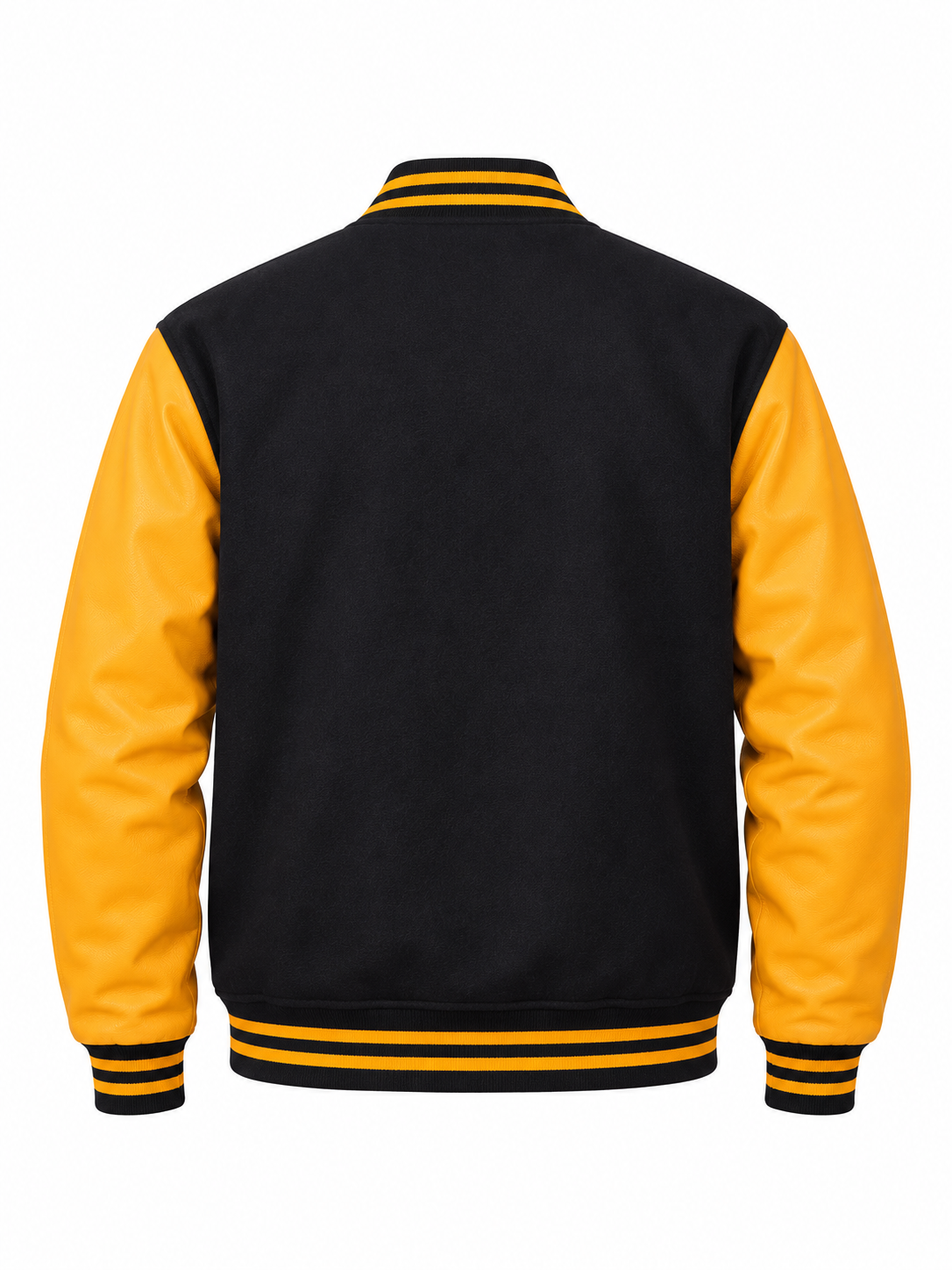 Black Wool and Gold Leather Sleeves Letterman Jacket Back View