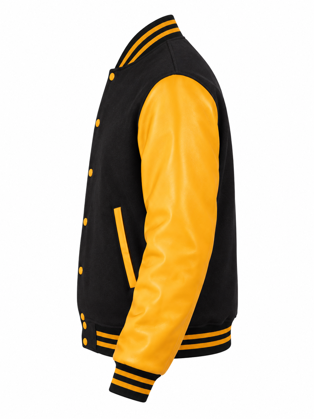 Black Wool and Gold Leather Sleeves Letterman Jacket Left Sleeve View