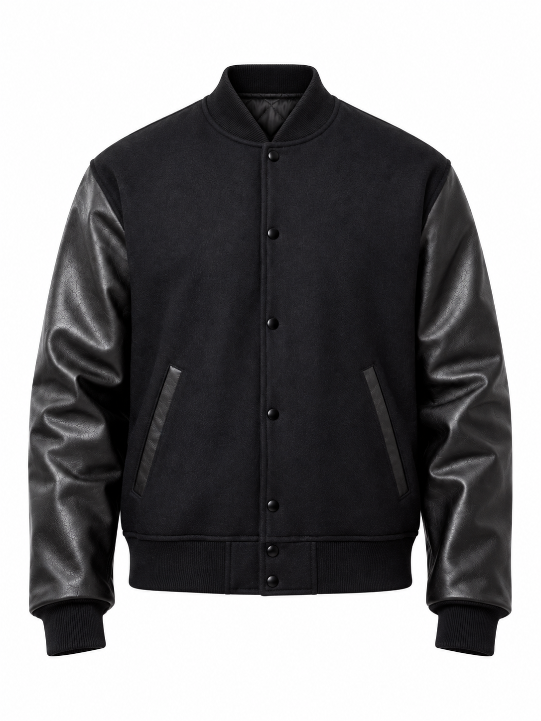 All Black Wool and Leather Sleeves Varsity Jacket Front View