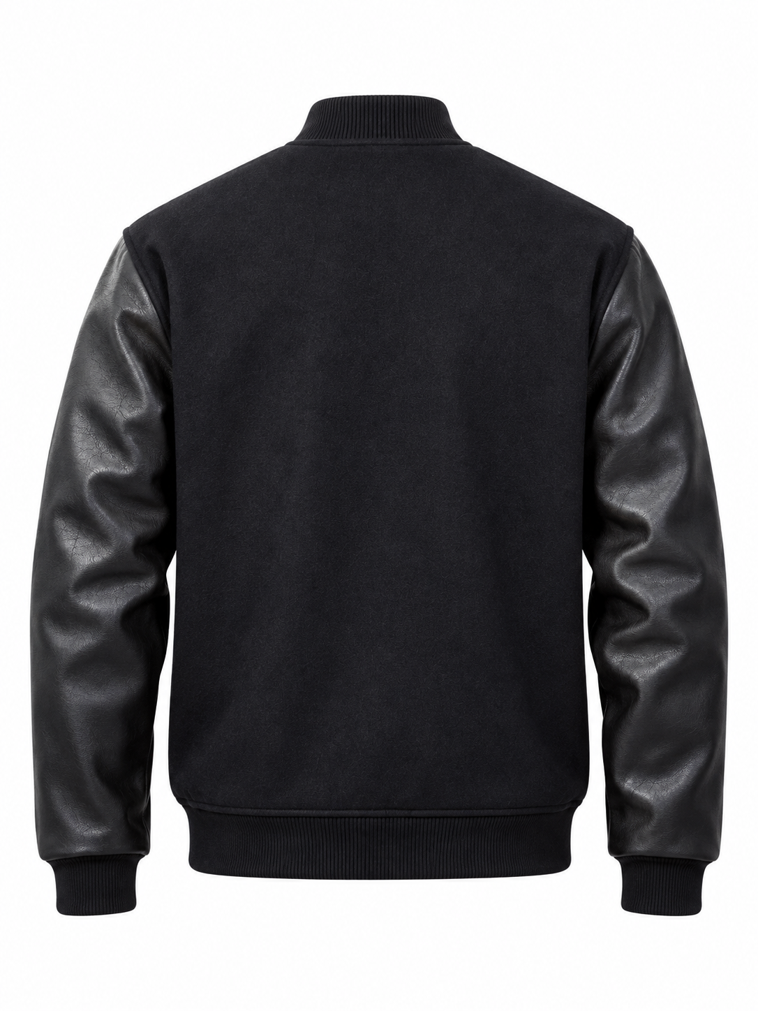 All Black Wool and Leather Sleeves Varsity Jacket Back View