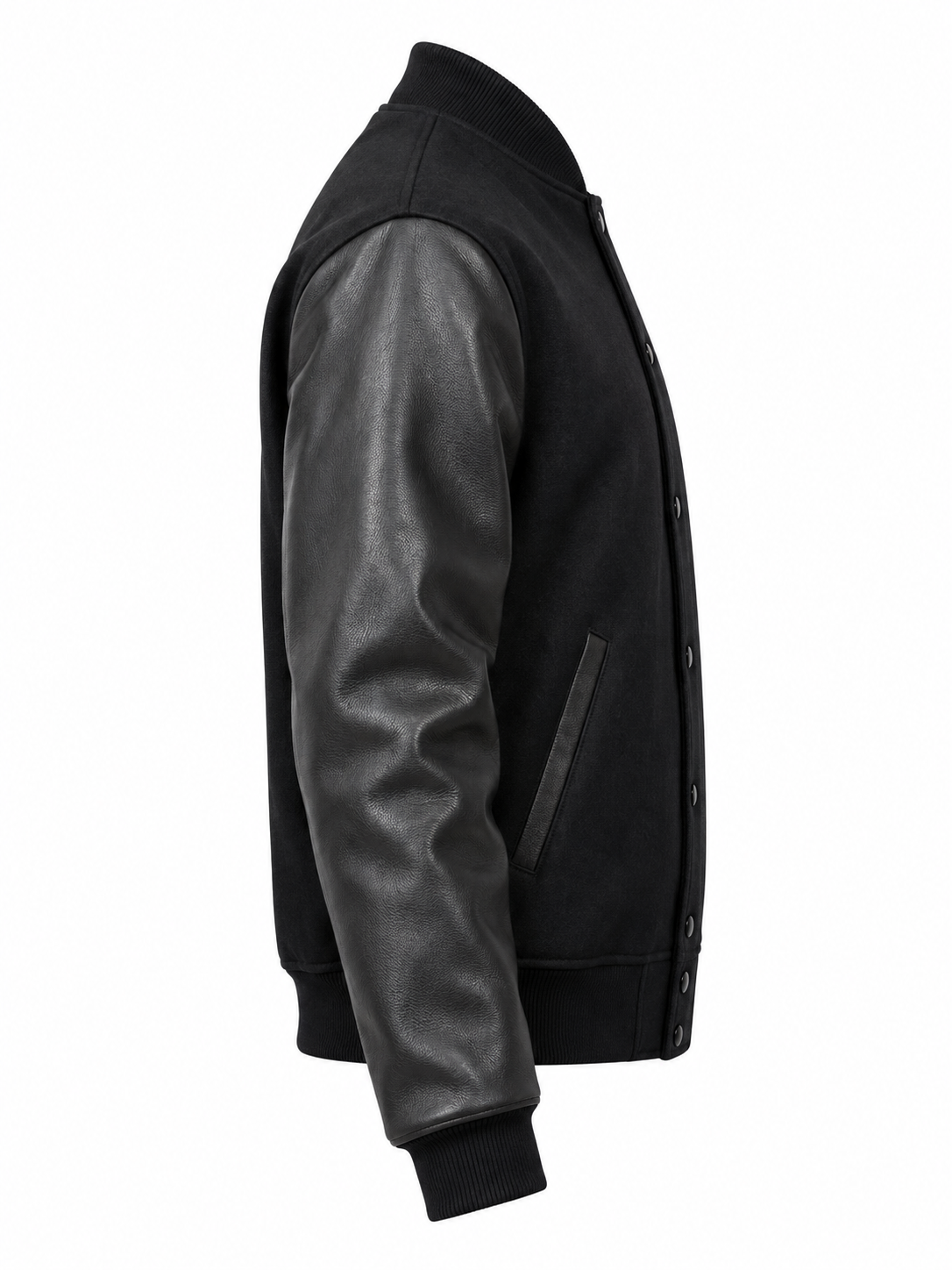 All Black Wool and Leather Sleeves Varsity Jacket Right Sleeve View