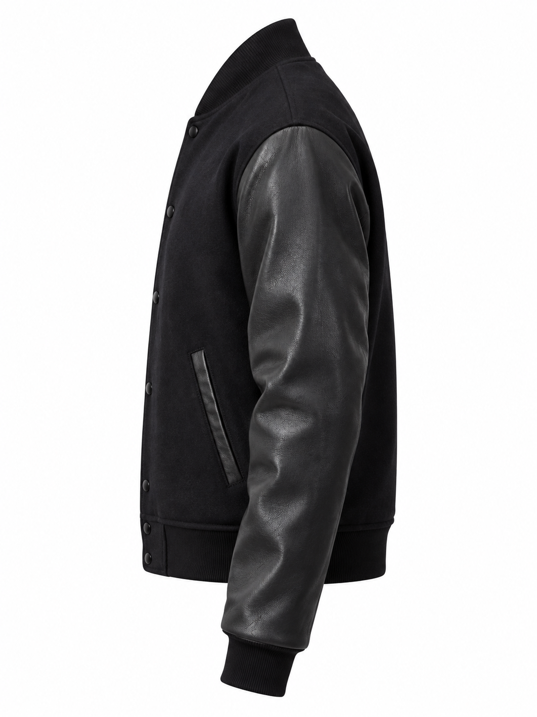 All Black Wool and Leather Sleeves Varsity Jacket Left Sleeve View
