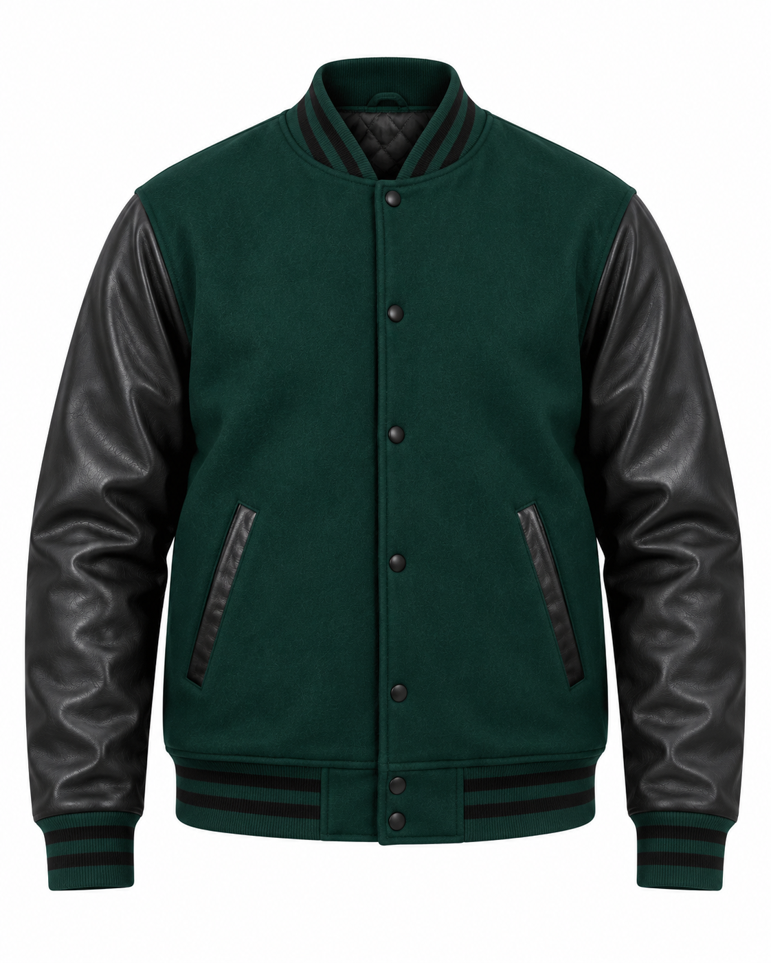 Dark Green Wool and Black Faux Leather Sleeves Letterman Jacket Front View