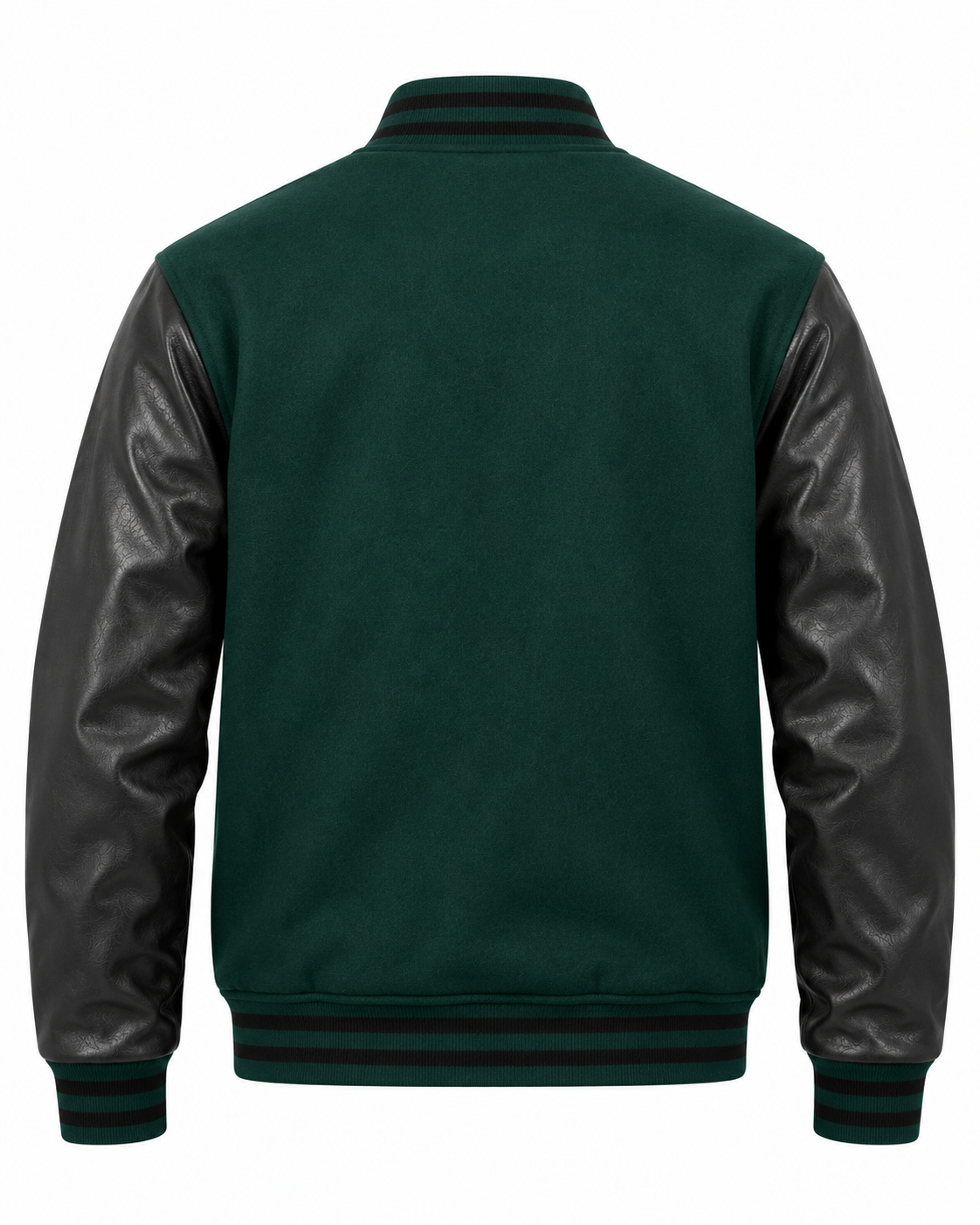 Dark Green Wool and Black Faux Leather Sleeves Letterman Jacket Back View