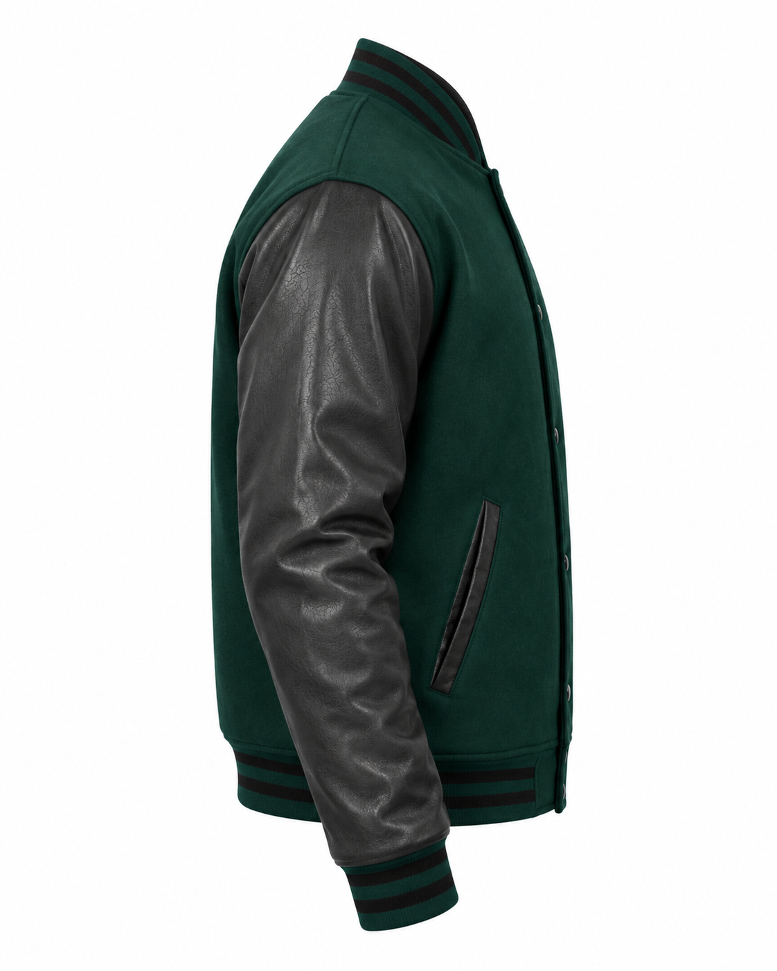 Dark Green Wool and Black Faux Leather Sleeves Letterman Jacket Right Sleeve View