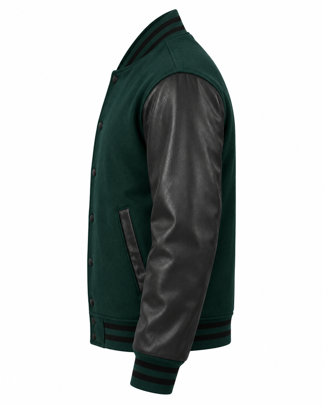 Dark Green Wool and Black Faux Leather Sleeves Letterman Jacket Left Sleeve View