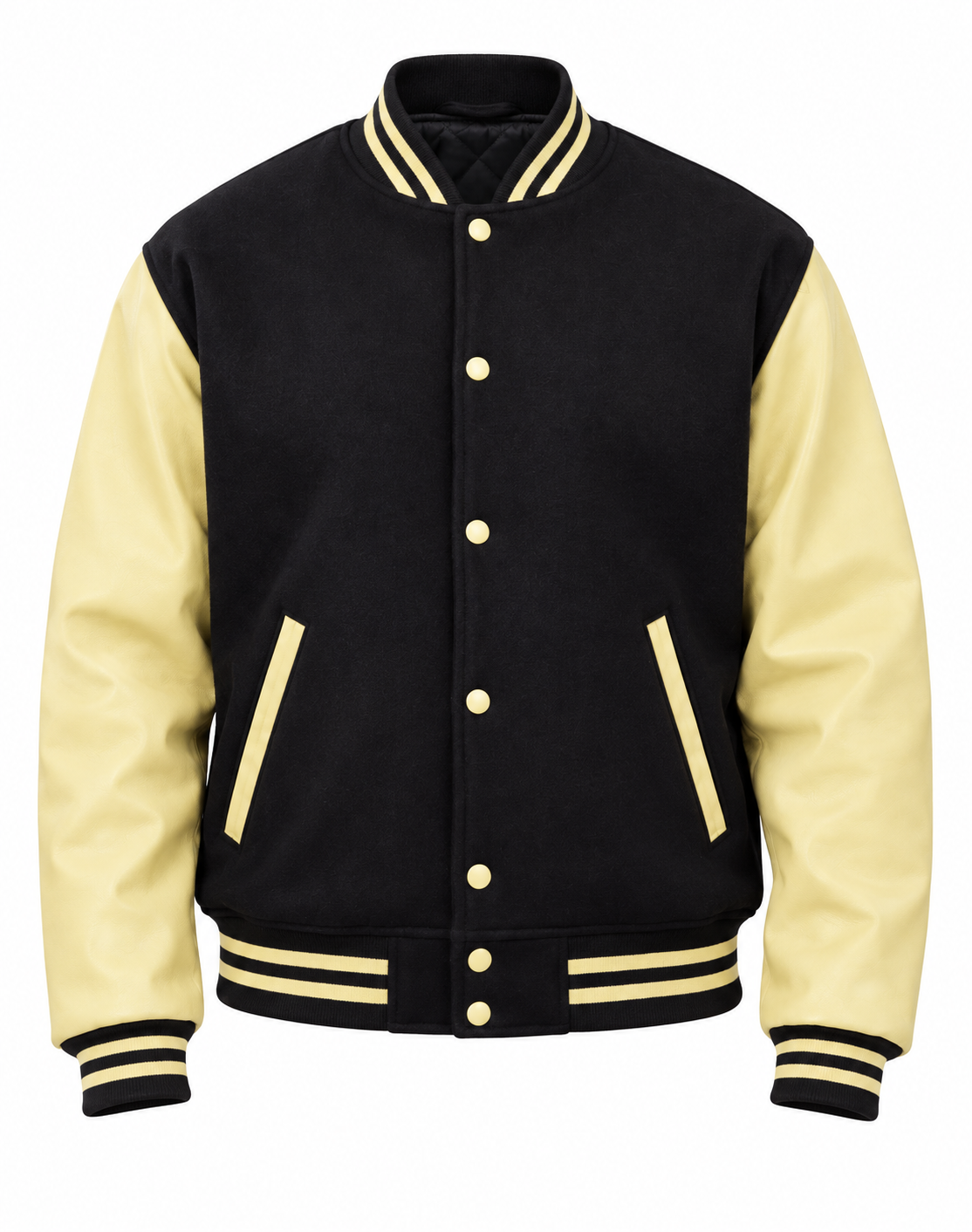 Black Wool and Cream Vegan Leather Jacket Front View