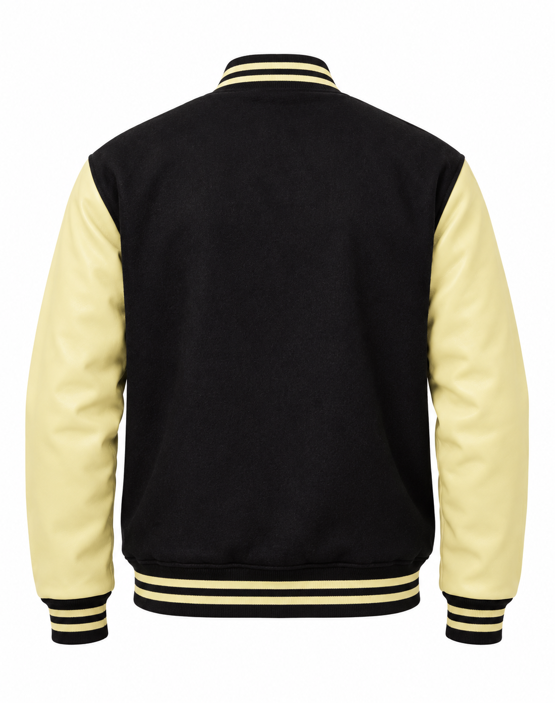 Black Wool and Cream Vegan Leather Jacket Back View