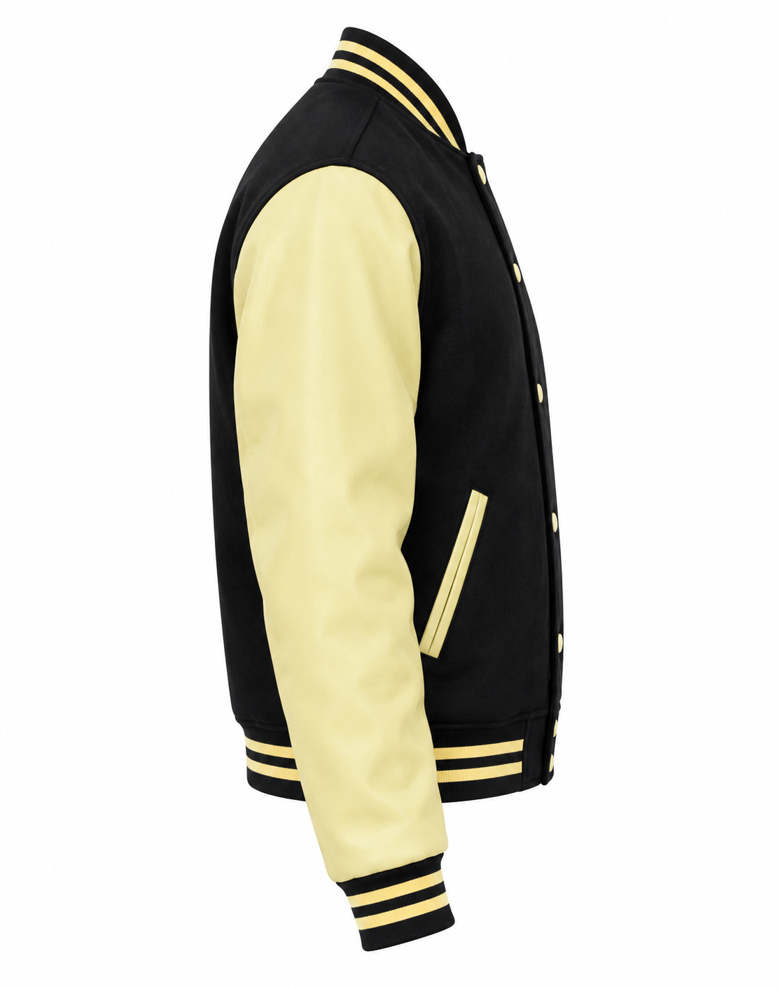 Black Wool and Cream Vegan Leather Jacket Right Sleeve View