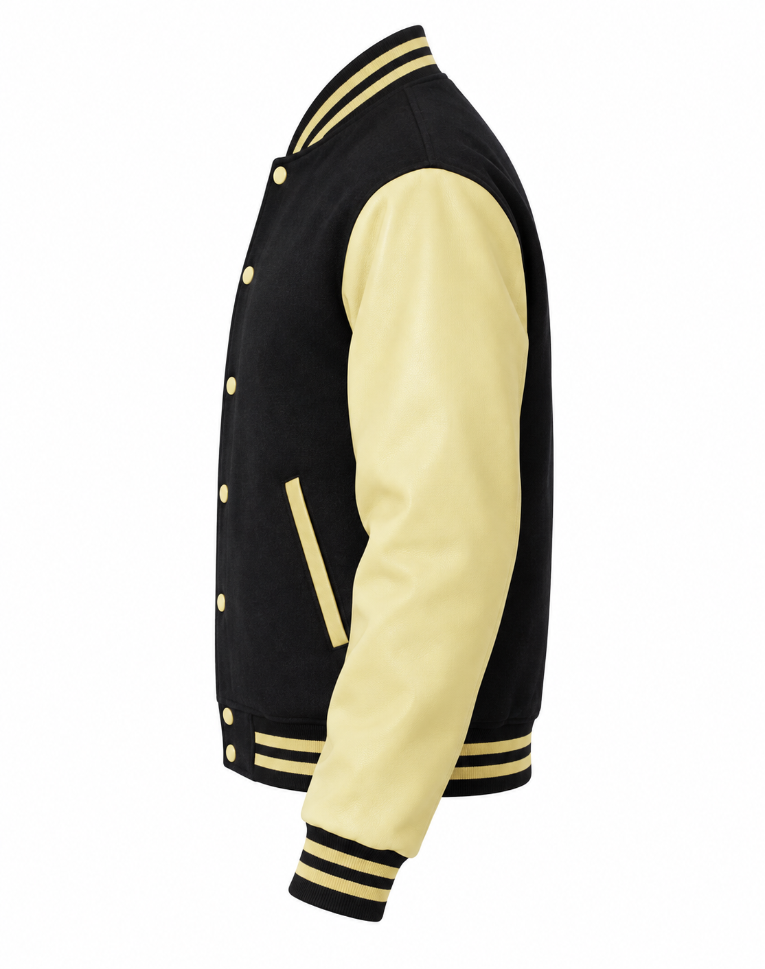 Black Wool and Cream Vegan Leather Jacket Left Sleeve View