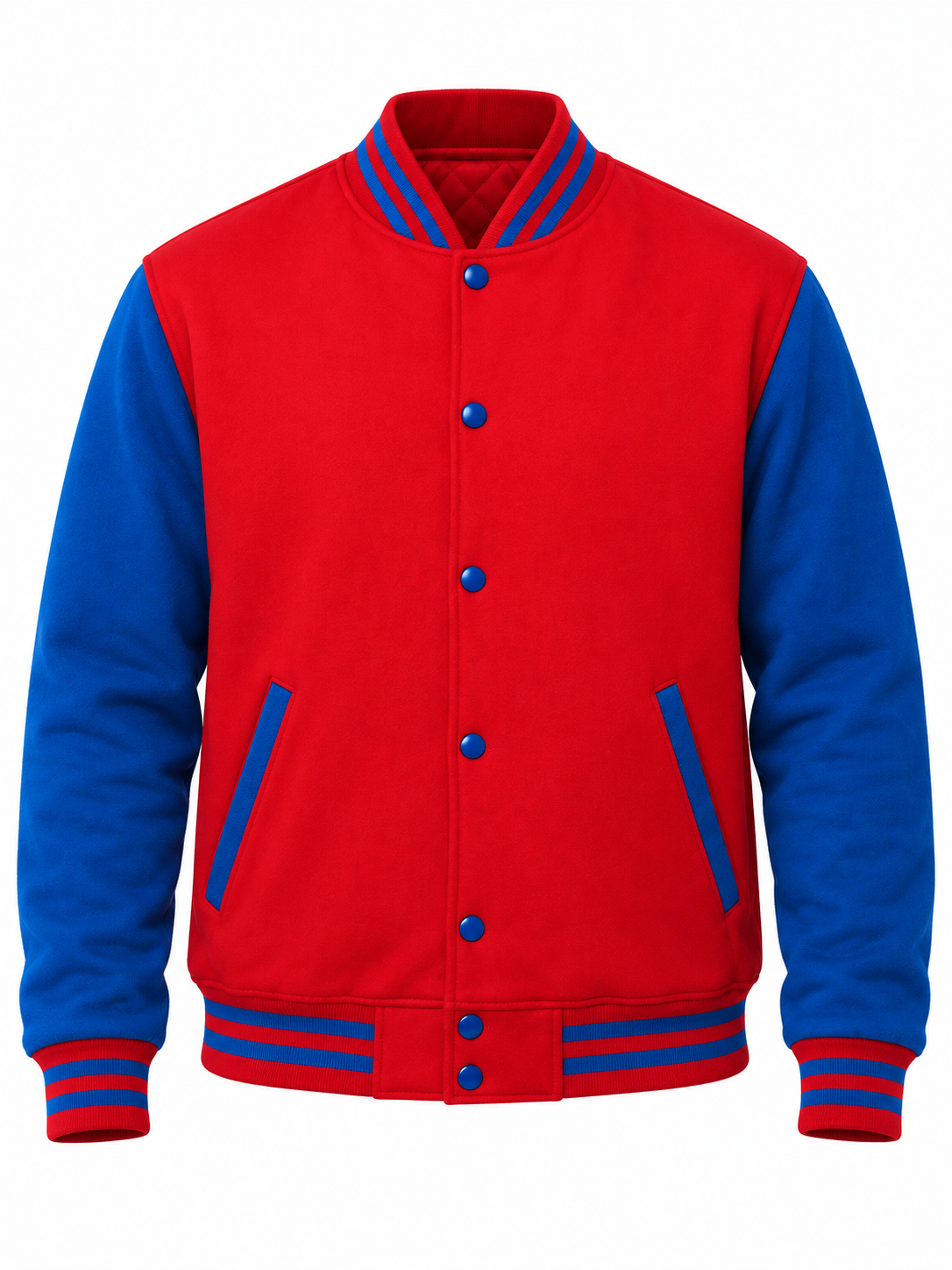 Red and Royal Blue Wool Varsity Jacket Front View