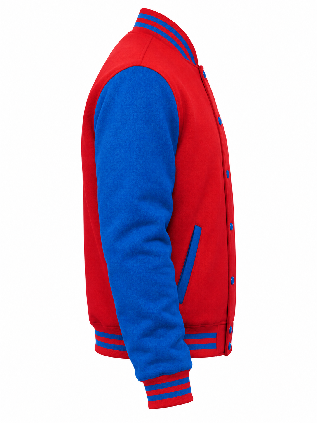 Red and Royal Blue Wool Varsity Jacket Right Sleeve View