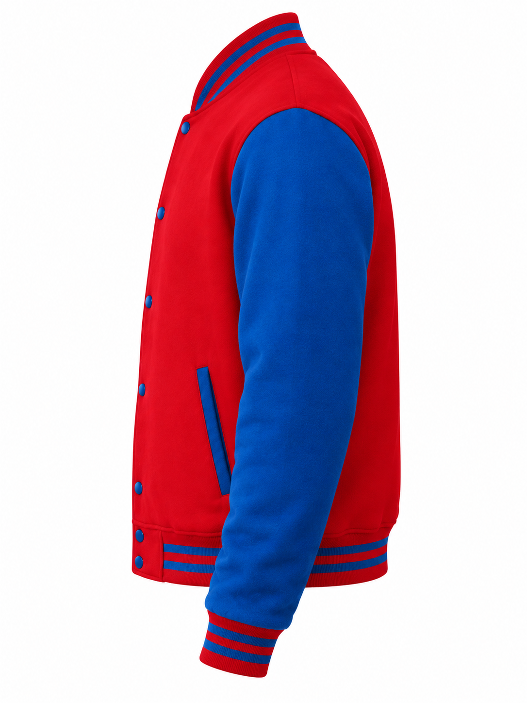 Red and Royal Blue Wool Varsity Jacket Left Sleeve View