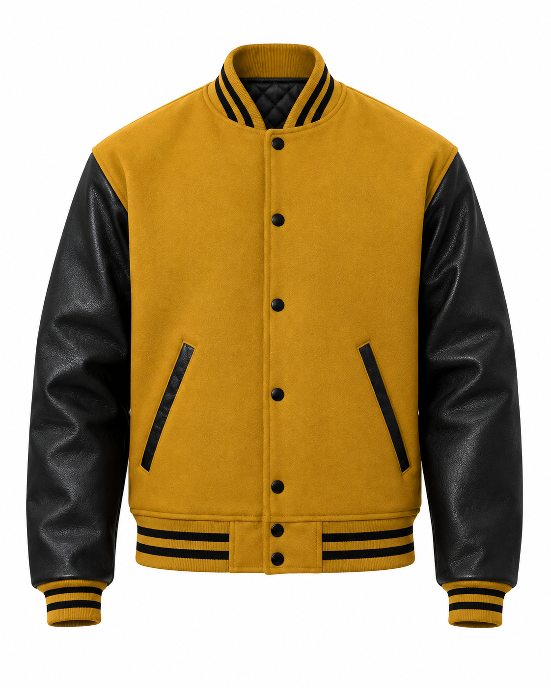 Old Gold Wool and Black Leather Sleeves Letterman Jacket Front View