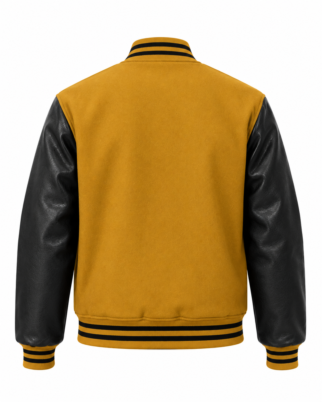 Old Gold Wool and Black Leather Sleeves Letterman Jacket Back View
