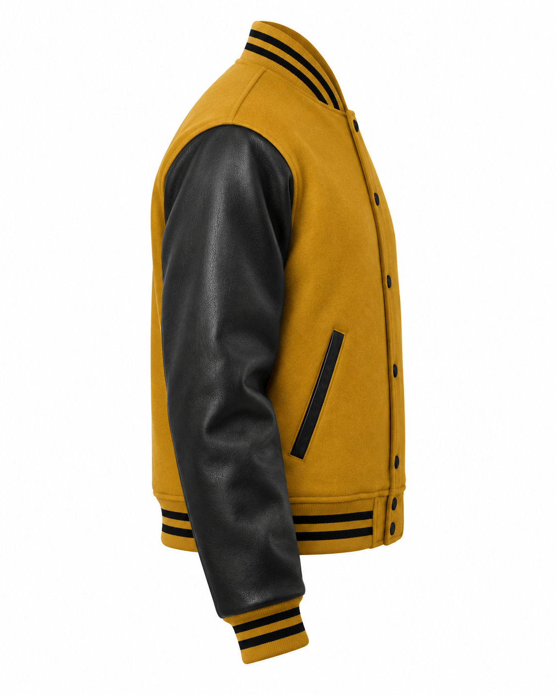 Old Gold Wool and Black Leather Sleeves Letterman Jacket Right Sleeve View