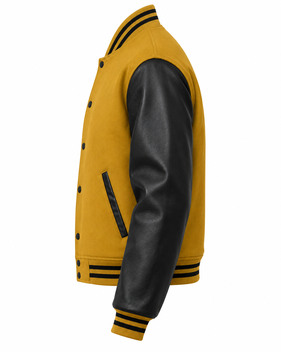 Old Gold Wool and Black Leather Sleeves Letterman Jacket Left Sleeve View