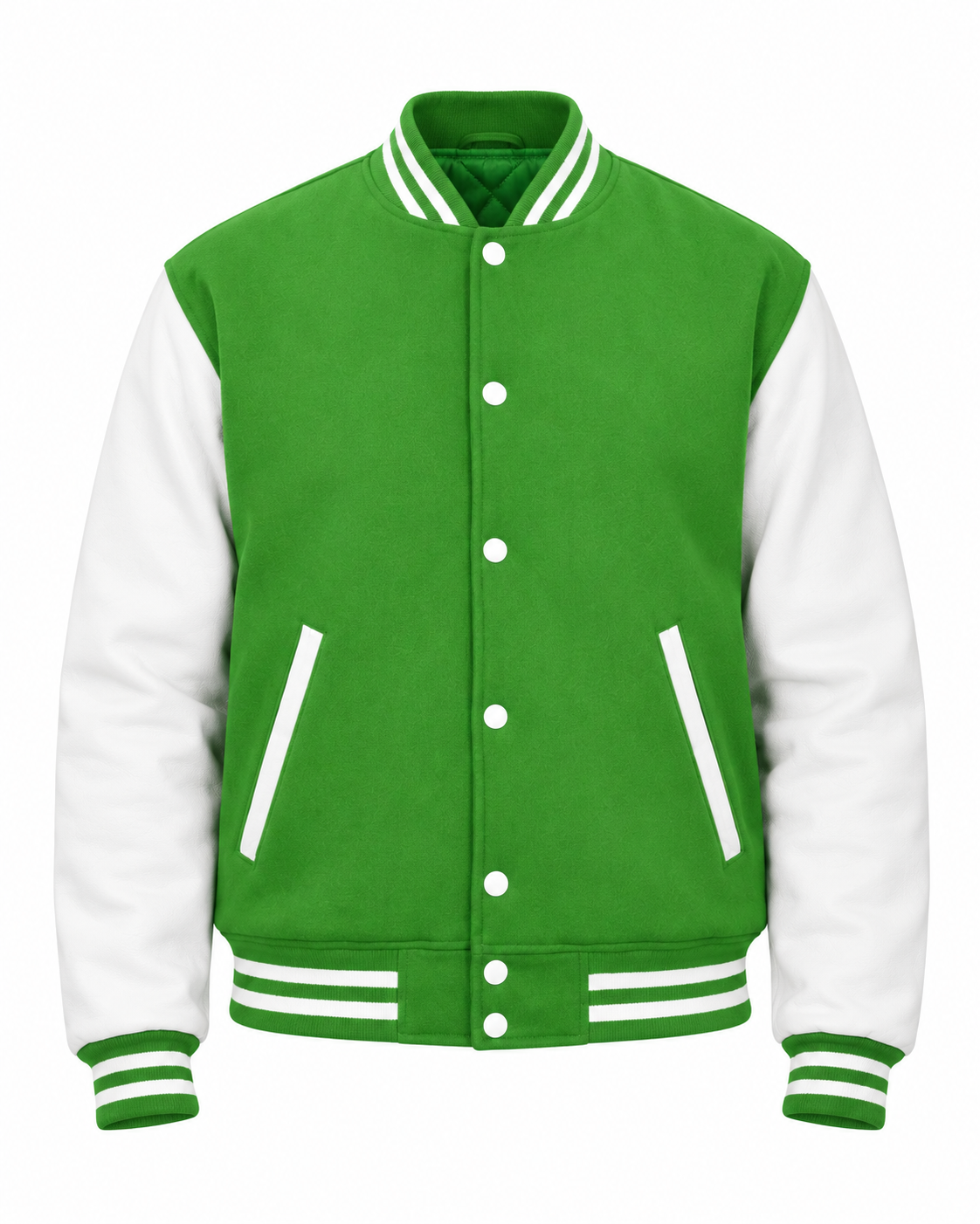 Kelly Green Wool and White Leather Sleeves Varsity Jacket Front View