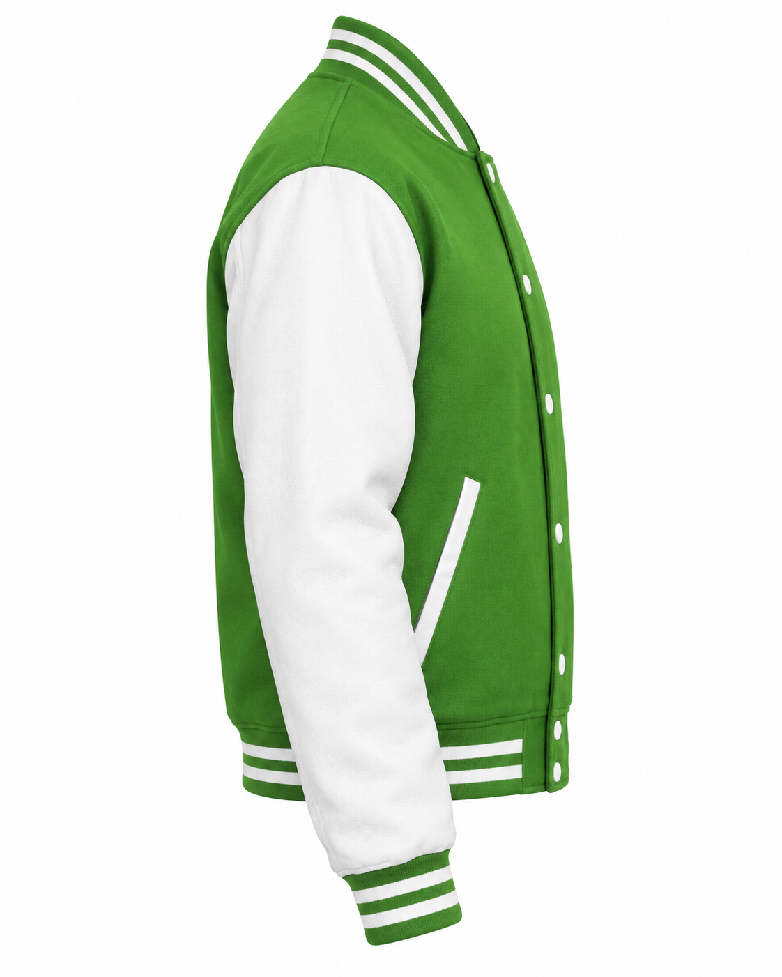 Kelly Green Wool and White Leather Sleeves Varsity Jacket Right Sleeve View
